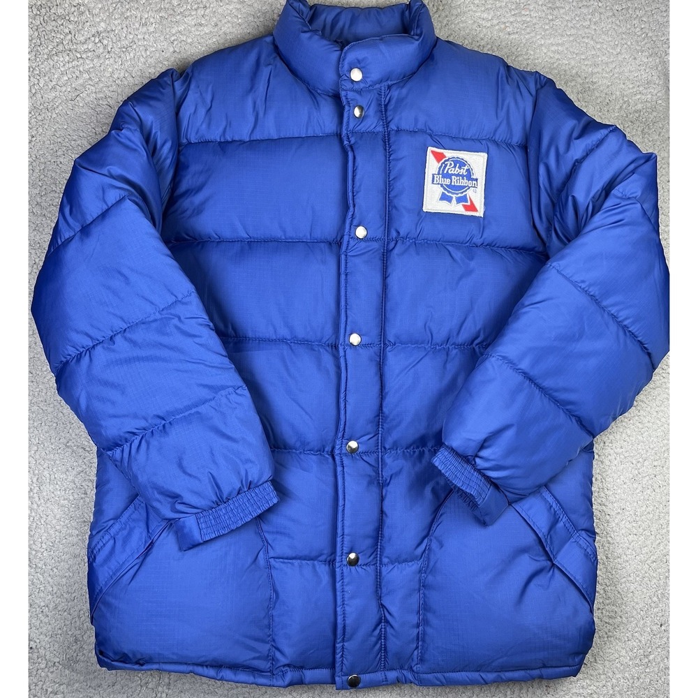 Vintage Pabst Blue Ribbon Puffer Jacket Goose Down Coat Large